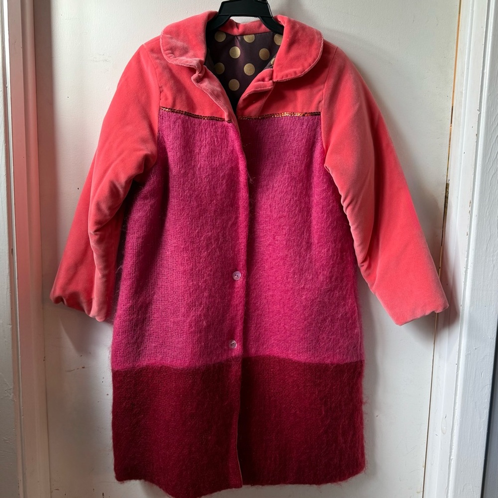 Amazing Tickitty boo Vibrant Pink & Red mohair & velvet girls coat, 7-8